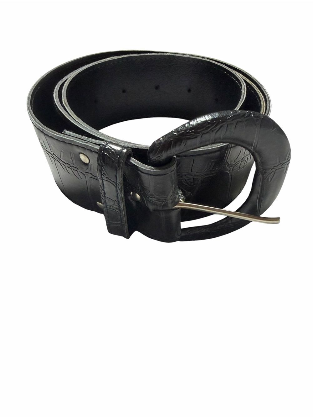 Black Croc-Embossed Leather Belt with Rounded Buckle 18